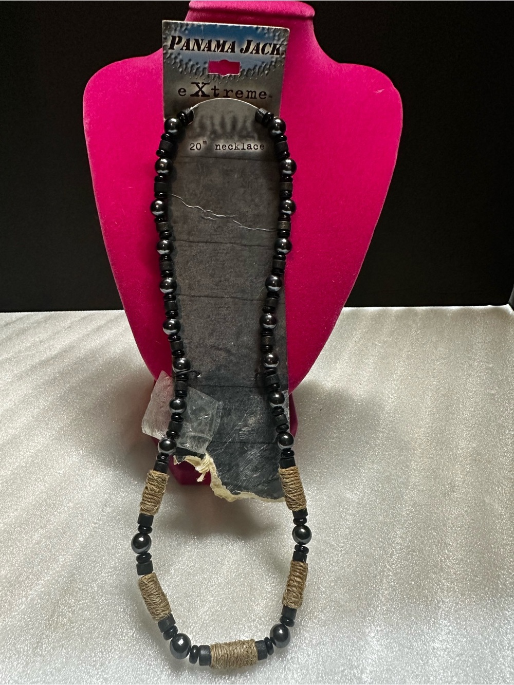 Panama Jack Black Bead Necklace with Natural Jute Wraps
